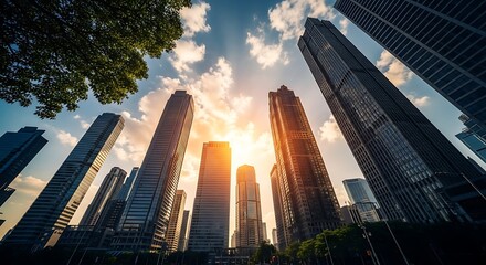 Low-angle view of modern skyscrapers reaching towards the bright sun in a clear sky.
