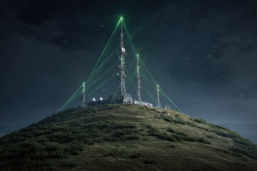 High-tech radar antenna array illuminated at night atop hill, green beams scanning sky, starry night around.