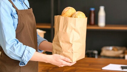 Fresh bread in paper bag held by baker in small shop