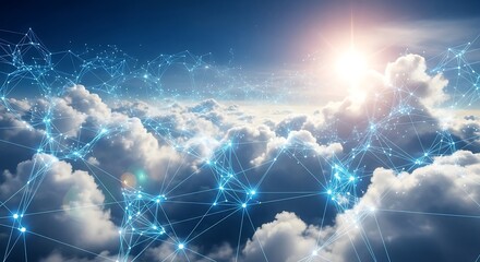 Abstract digital network concept floating above fluffy white clouds with bright sunlight.