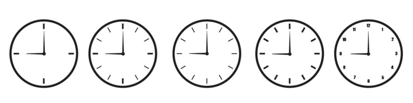 Set of Analog Clock Faces Showing Different Times Vector Illustration
