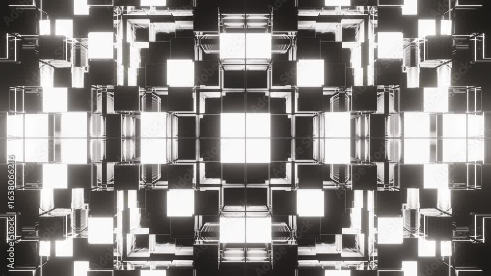Poster a mesmerizing abstract geometric pattern with glowing white cubes and intricate symmetrical structur