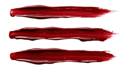 Three brushstrokes of dark red paint texture isolated PNG with Transparent Background