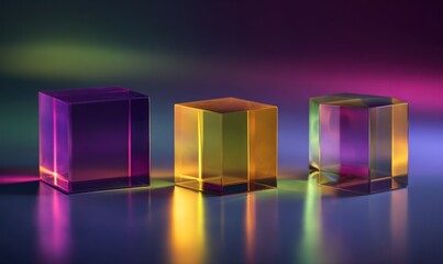 Three translucent cubes in vibrant, colorful lighting