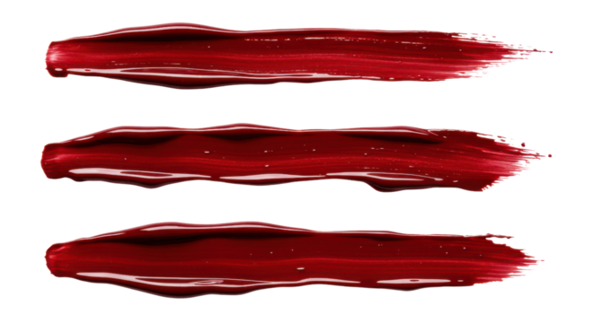 Three brushstrokes of dark red paint texture isolated PNG with Transparent Background