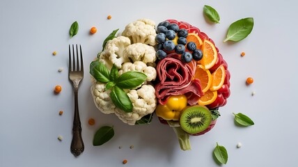 Healthy brain food concept a culinary brain shape made of fresh fruits vegetables and protein with a fork nearby