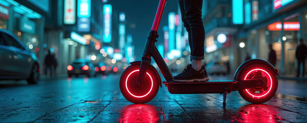 Futuristic electric scooter with illuminated wheels parked on wet city street at night. Vibrant neon lights from urban buildings, car headlights create dynamic backdrop. Eco-friendly transport ideal