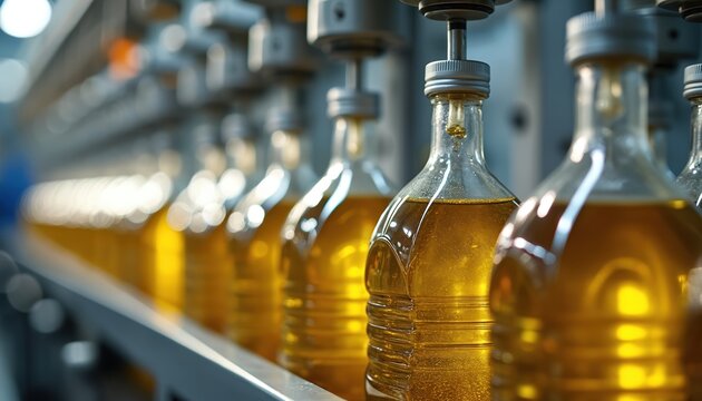 Automated bottling line fills glass bottles with edible oil in modern factory. Machinery, conveyor systems ensure efficient liquid filling process, precise capping, product distribution. High-tech