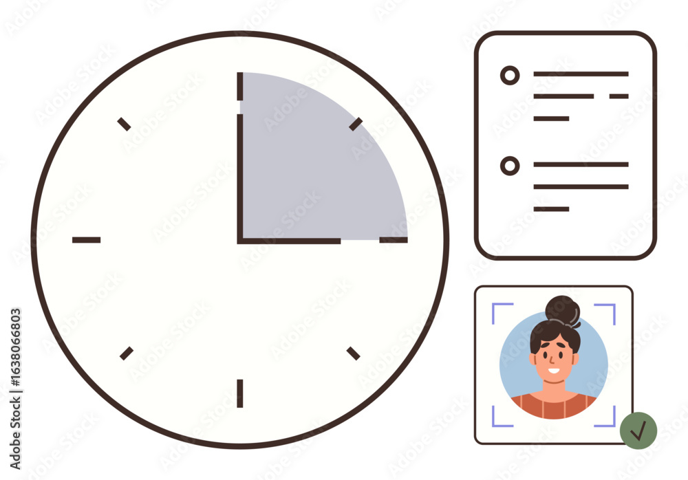 Poster clock highlighting time segment, checklist indicating tasks, profile photo with verification mark. i