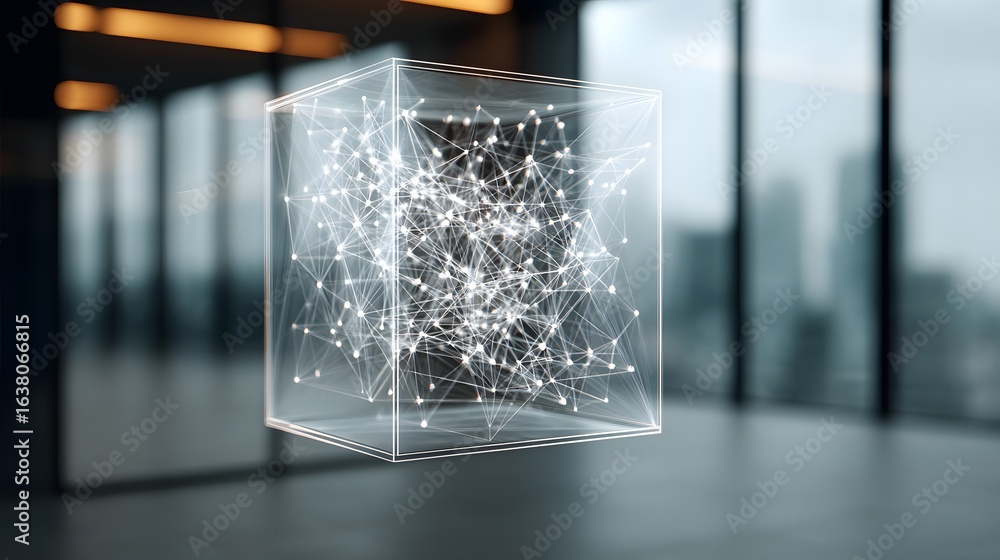Poster holographic cube with complex network graphic.