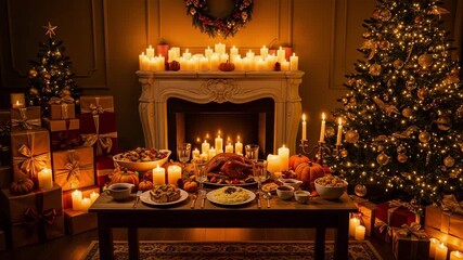Cozy Christmas and Thanksgiving holiday feast. A candlelit dinner with roasted turkey by a fireplace and decorated trees. Warm, festive, and traditional celebration. - Powered by Adobe