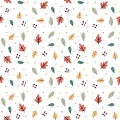 Seamless Autumn leaves and berries pattern. Fall season background.