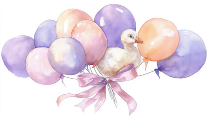 Colorful watercolor illustration of a cluster of balloons in various shades, tied together with a delicate ribbon, symbolizing celebration and joy in a festive atmosphere