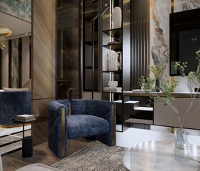 Modern home interior design with a fireplace, luxury sofa, and wooden floor