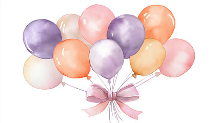 Colorful watercolor illustration of a cluster of balloons in various shades, tied together with a delicate ribbon, symbolizing celebration and joy in a festive atmosphere