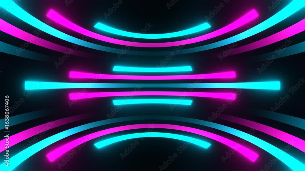 Poster symmetrical abstract background with vibrant pink and cyan glowing neon light bars creating a futuri