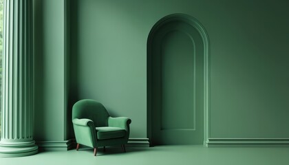 Elegant green armchair accents minimalist room with arched doorway, fluted column. Contemporary interior design single piece of furniture against monochrome walls. Ample copy space for text overlays.