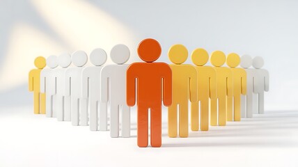 One distinctive orange figure stands out from a crowd of white and yellow silhouettes representing leadership and individuality
