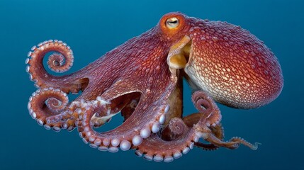 A giant Pacific octopus glides through the deep sea, its vibrant body displaying striking colors and intricate patterns. Its tentacles dance elegantly in the tranquil underwater environment.