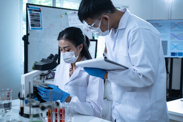 Laboratory research with blood sample in test tube for medical analysis related to health and...