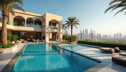 Luxurious Dubai villa contemporary architecture with private pool, expansive garden. Offers stunning views of Dubai skyline. Modern estate represents high-end living, relaxation in prime real estate