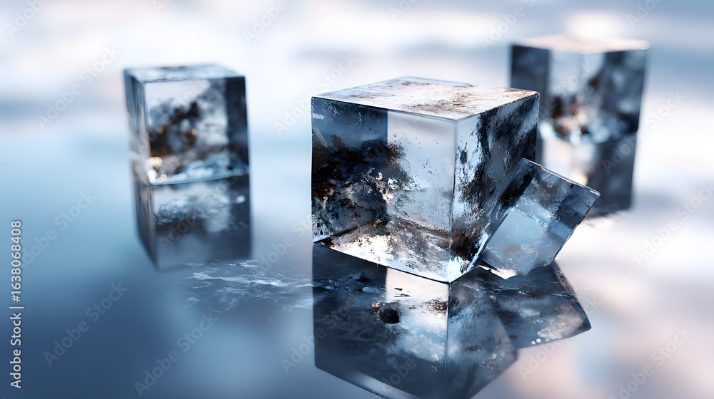 Poster several frosty ice cubes rest on a reflective surface.