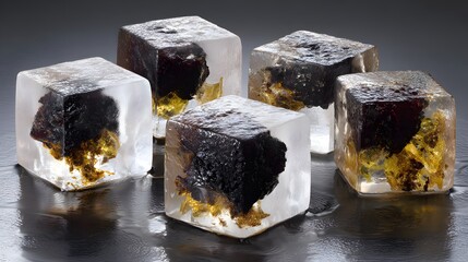 Ice cubes with dark and gold inclusions.