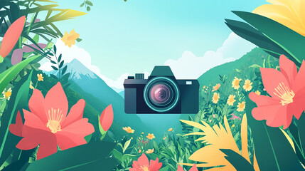 A vibrant illustration featuring a camera amidst lush flowers