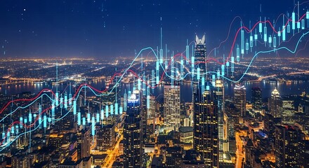 Night cityscape overlaid with dynamic financial graphs, illustrating economic activity and growth.