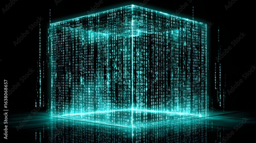 Poster digital cube filled with glowing binary code.