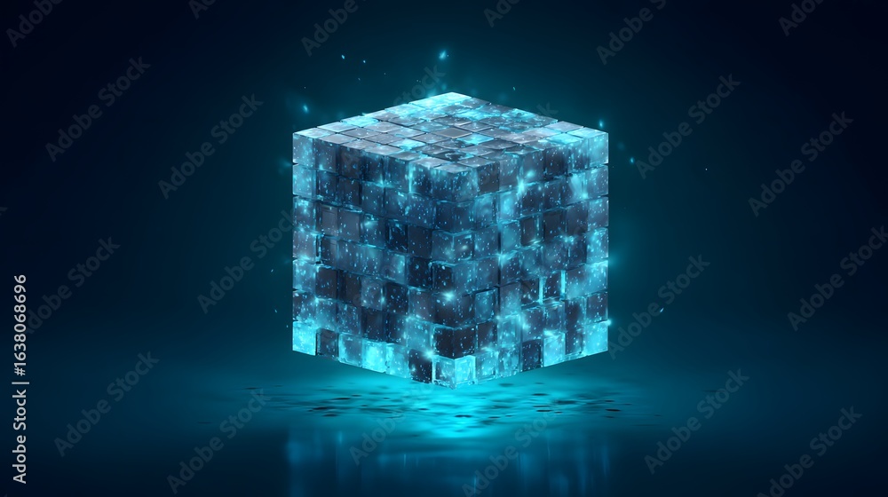 Poster floating cube with glowing, interconnected squares.