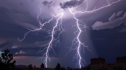 Powerful multiple lightning bolts strike the dark stormy sky illuminating the dramatic natural phenomenon with bright electric energy