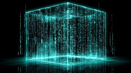 Digital cube filled with glowing binary code.