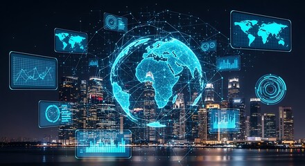 Digital globe and data visualizations overlay a cityscape at night, representing global connectivity and technological advancement.