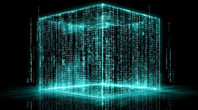 Digital cube filled with glowing binary code.