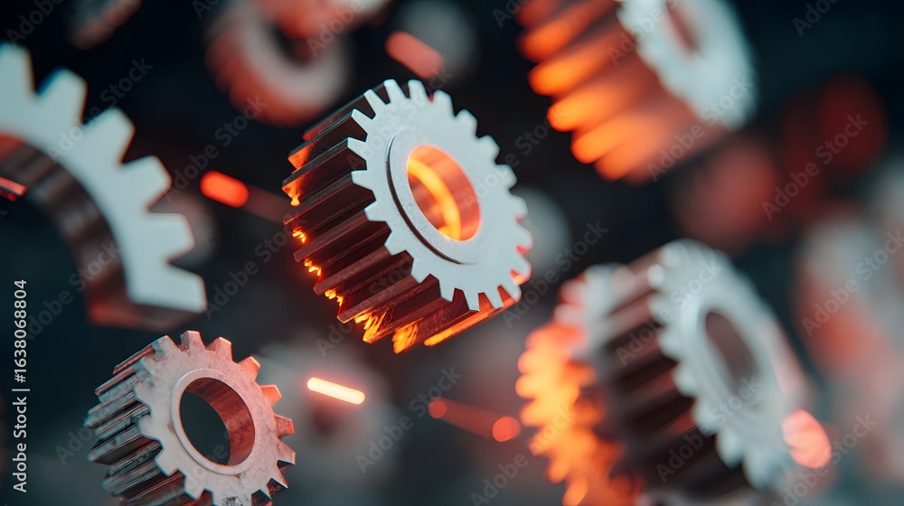 Poster close-up view of multiple gears in motion.