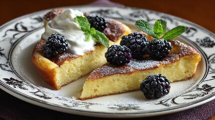 Dutch baby pancake halves with berries, whipped cream, and mint on plate