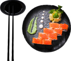 Exquisite Salmon Sushi Roll Displayed on a Dark Plate