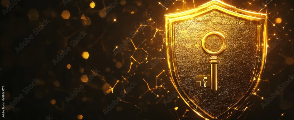Poster a gold shield with a key that says lock on it. golden abstract digital elements gradient background