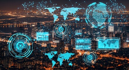 Global network data visualized over a vibrant cityscape at night, showcasing interconnected digital information.