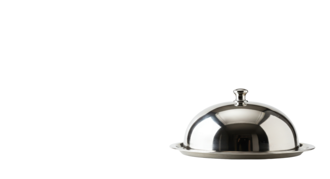 Silver serving dome for restaurant food presentation isolated PNG with Transparent Background