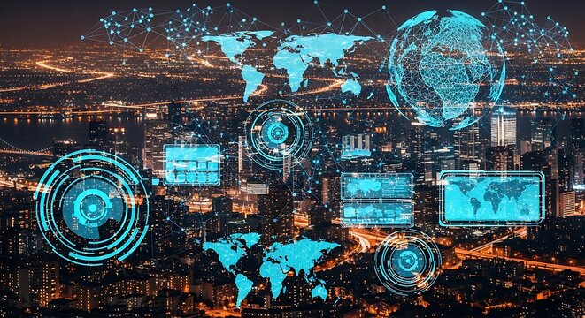 Global network data visualized over a vibrant cityscape at night, showcasing interconnected digital information.