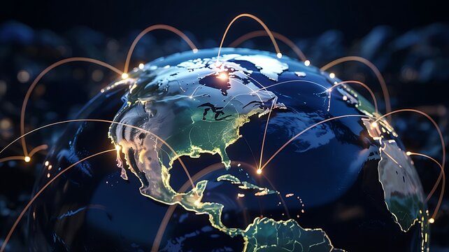 Global network of illuminated lines connecting continents and cities across the earth at night symbolizing connectivity and communication