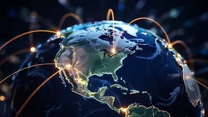 Glowing digital network lines connecting across the illuminated earth globe showing global connectivity and technology advancements