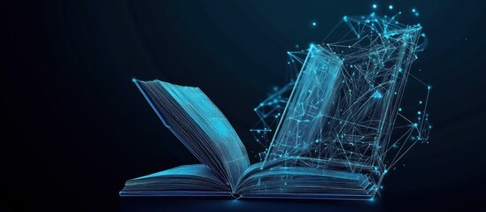 Book and laptop. Low poly wireframe online education blue background or concept with opened book. Digital illustration. Online reading or courses. Abstract polygonal image of notebook on laptop