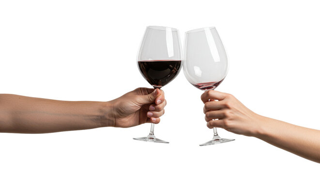 Hands toasting with red wine in wine glasses isolated PNG with Transparent Background