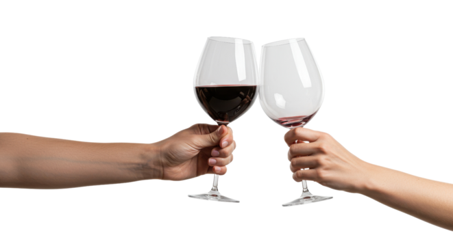 Hands toasting with red wine in wine glasses isolated PNG with Transparent Background