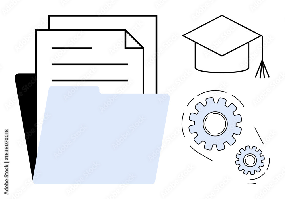 Poster documents neatly stacked with a folder, a graduation cap symbolizing education, and two gears for pr