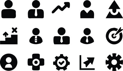 Manager icon set. Containing leadership, supervision, hiring, coaching, management, development, organization, teamwork and delegation icons. Solid icons collection. Vector illustration.