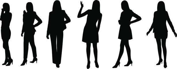 Silhouettes of six confident women, standing in different poses, high heels, business and casual style, black vector art, female figures.